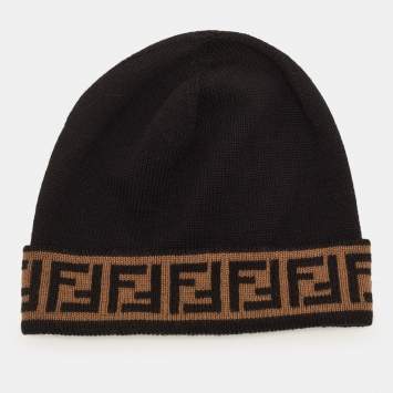 Pre Owned Fendi Black/Brown Logo Intarsia Wool Knit Beanie One Size 