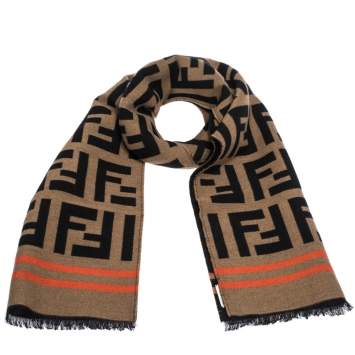 Pre Owned Fendi Brown Contrast Stripe FF Wool Jacquard Scarf