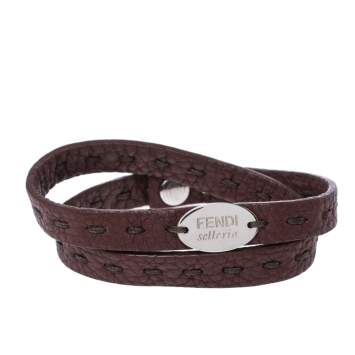 Pre Owned Fendi Selleria Brown Leather Silver Tone Double Wrap Bracelet