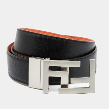 Pre Owned Fendi Black/Orange Leather FF Logo Buckle Reversible Belt 90CM