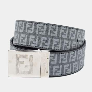 Pre Owned Fendi Grey/Black Zucca Coated Canvas Logo Plaque Reversible Belt 105 cm