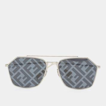Pre Owned Fendi Silver Tone/Grey Zucca Mirrored M0022 Aviator Sunglasses
