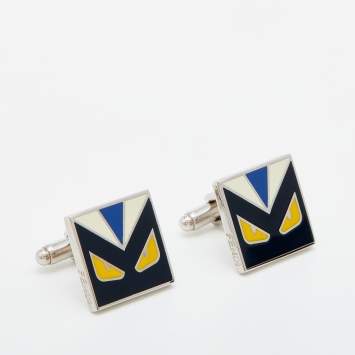 Pre Owned Fendi Silver Tone Enamel Monster Eyes Square Cufflinks