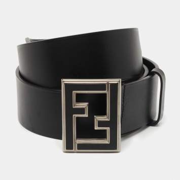 Pre Owned Fendi Black Leather FF Buckle Belt 90CM
