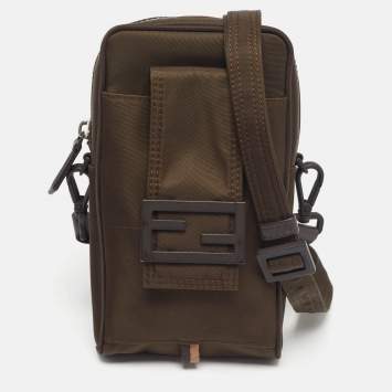 Pre Owned Fendi Green Nylon FF Phone Crossbody Bag