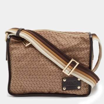 Pre Owned Fendi Beige/Brown Zucchino Nylon and Leather Messenger Bag