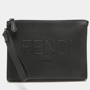 Pre Owned Fendi Black Leather Roma Flat Pouch