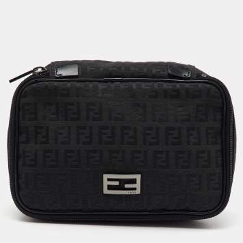 Pre Owned Fendi Black Zucchino Canvas and Leather Zip Around Pouch