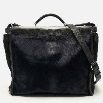 Pre Owned Fendi Peekaboo Large Navy Blue/Black Calf Hair and Leather Briefcase