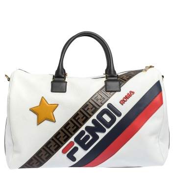 Pre Owned Fendi White Leather Logo Mania Weekender Bag