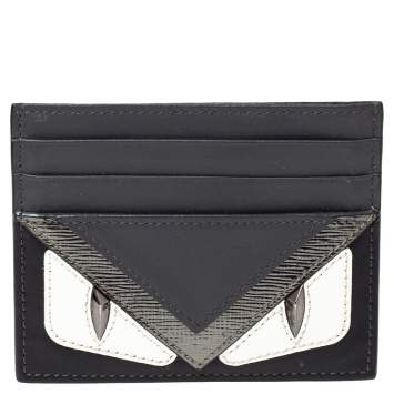 Pre Owned Fendi Grey/Black Leather Monster Eye Card Holder