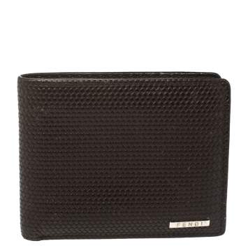 Pre Owned Fendi Dark Brown Woven Embossed Leather Bi Fold Wallet