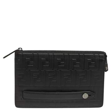 Pre Owned Fendi Black Zucca Embossed Leather Motif Zip Clutch