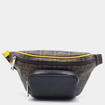 Pre Owned Fendi Brown/Black Zucca Coated Canvas and Leather Front Pocket Belt Bag