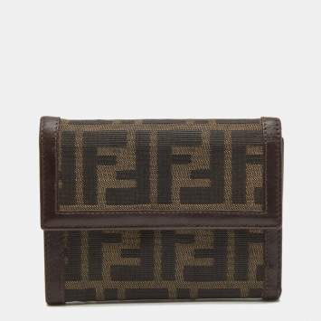 Pre Owned Fendi Tobacco Zucca Canvas and Leather Trifold Compact Wallet