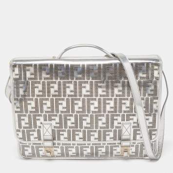 Pre Owned Fendi Silver Perforated FF Mirror Leather Briefcase Bag