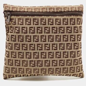 Pre Owned Fendi Beige Zuchinno Canvas Zip Pouch