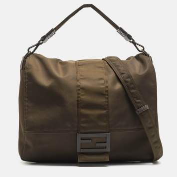 Pre Owned Fendi Dark Green Nylon Baguette Flap Bag