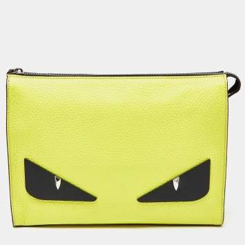 Pre Owned Fendi Yellow/Black Leather Monster Eyes Zip Pouch