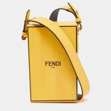 Pre Owned Fendi Yellow Leather Logo Vertical Box Crossbody Bag
