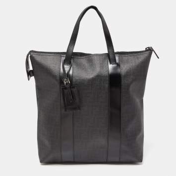 Pre Owned Fendi Black Zucca Coated Canvas and Leather Large Vertical Tote