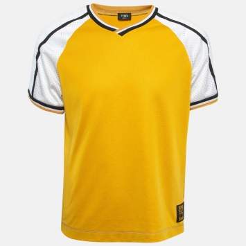 Pre Owned Fendi Yellow Mesh Trim Jersey V-Neck Half Sleeve T-Shirt S