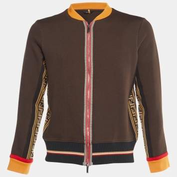 Pre Owned Fendi Brown Knit Zucca FF Logo Trimmed Zip-Up Jacket S