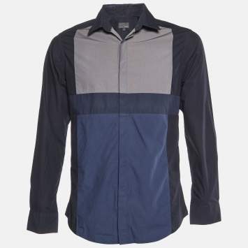 Pre Owned Fendi Navy Blue Colorblock Pattern Cotton Buttoned Up Shirt M