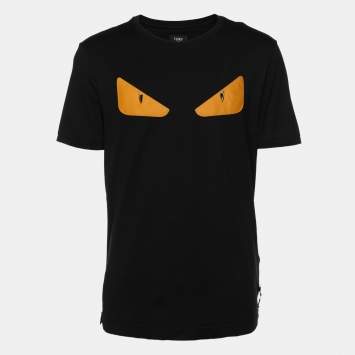 Pre Owned Fendi Black Cotton Monster Eye Patch Detail Crewneck T-Shirt L