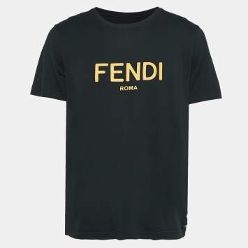 Pre Owned Fendi Black Cotton Logo Leather Applique Jersey T-Shirt XL