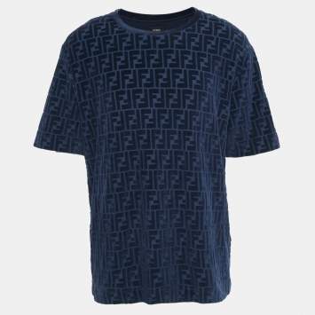 Pre Owned Fendi Navy Blue Zucca Flocked Jersey T-Shirt XL