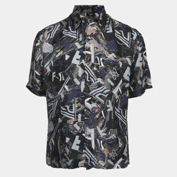 Pre Owned Fendi Blue Fragment Print Silk Short Sleeve Shirt M