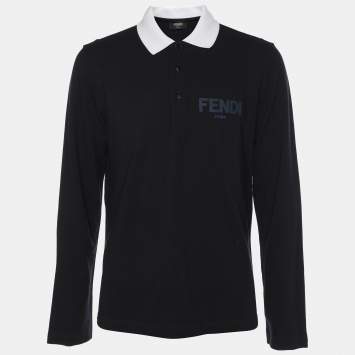 Pre Owned Fendi Navy Blue Cotton Knit Long Sleeve Polo Shirt M