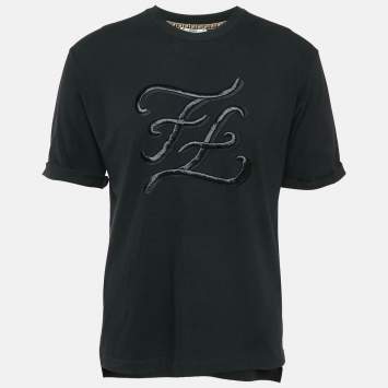 Pre Owned Fendi Black FF Karligraphy Embroidered Jersey Crew Neck T-Shirt L