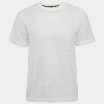 Pre Owned Fendi White FF Patterned Stretch Knit Half Sleeve T-shirt XS