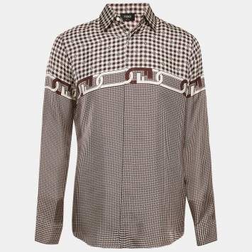 Pre Owned Fendi Brown Houndstooth Print Silk Button Front Shirt L