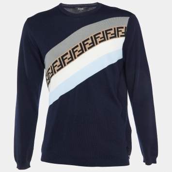 Fendi Navy Blue Wool Knit Monogram Pattern Detail Pullover L