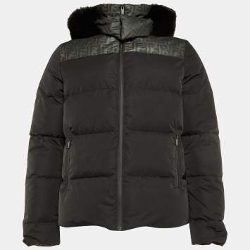 Pre Owned Fendi Black Zucca Print Synthetic Detachable Fur Hooded Down Jacket M