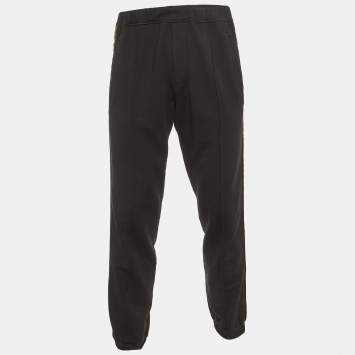 Pre Owned Fendi Black Wool Blend Knit Logo Tape Trimmed Trackpants M