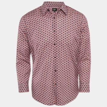 Pre Owned Fendi Blue/Red Geometric Print Cotton Long Sleeve Shirt M