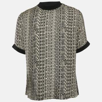 Pre Owned Fendi Black Printed Silk Crew Neck T-Shirt M