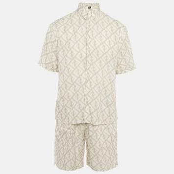 Pre Owned Fendi White Print Linen Shirt and Shorts Set S/M