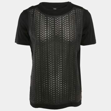Pre Owned Fendi Black Cotton and Organza Logo Laser-Cut Detail T-Shirt XL