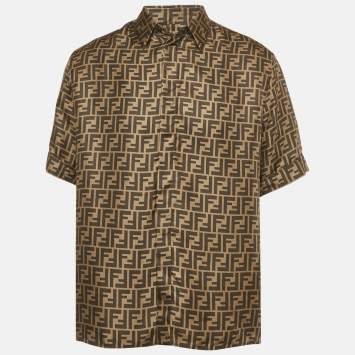 Pre Owned Fendi Brown Zucca Monogram Print Silk Button Front Shirt L