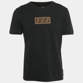 Pre Owned Fendi Black Zucca Applique Jersey T-Shirt L