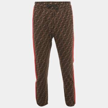 Pre Owned Fendi Brown Zucca Monogram Cotton Multicolor Stripe Detail Joggers M