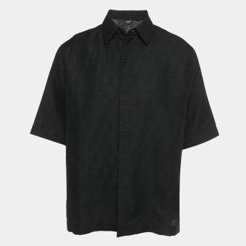 Pre Owned Fendi Black FF Embroidered Linen Short Sleeve Shirt XL
