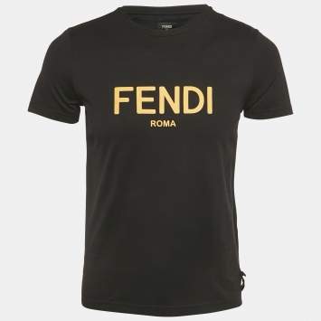 Pre Owned Fendi Black Leather Logo Applique Jersey Crew Neck T-Shirt S