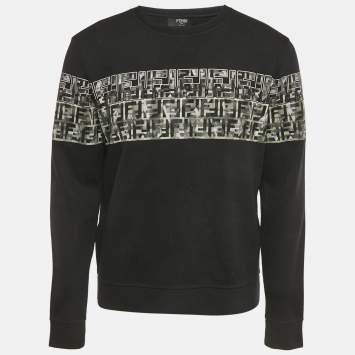Pre Owned Fendi Black FF Print Cotton Knit Crewneck Sweater L