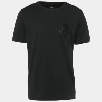 Pre Owned تي شيرت فندي أسود بتطريز شعار أف أف قماش جيرسي مقاس كبير جداً